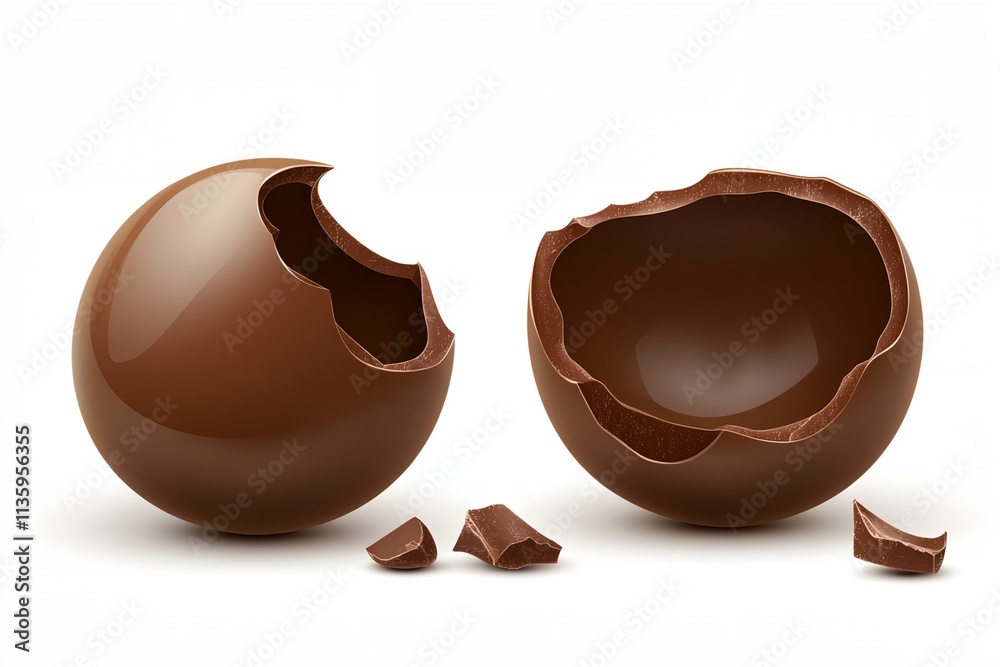 Obraz premium Two chocolate eggs with one half eaten