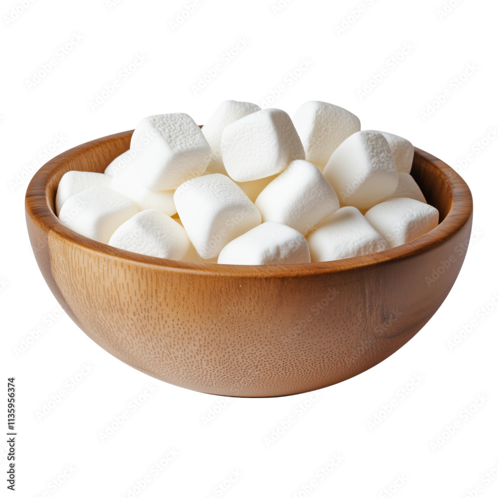 Wooden bowl filled with fluffy marshmallows isolated on a transparent background for cooking and dessert concepts