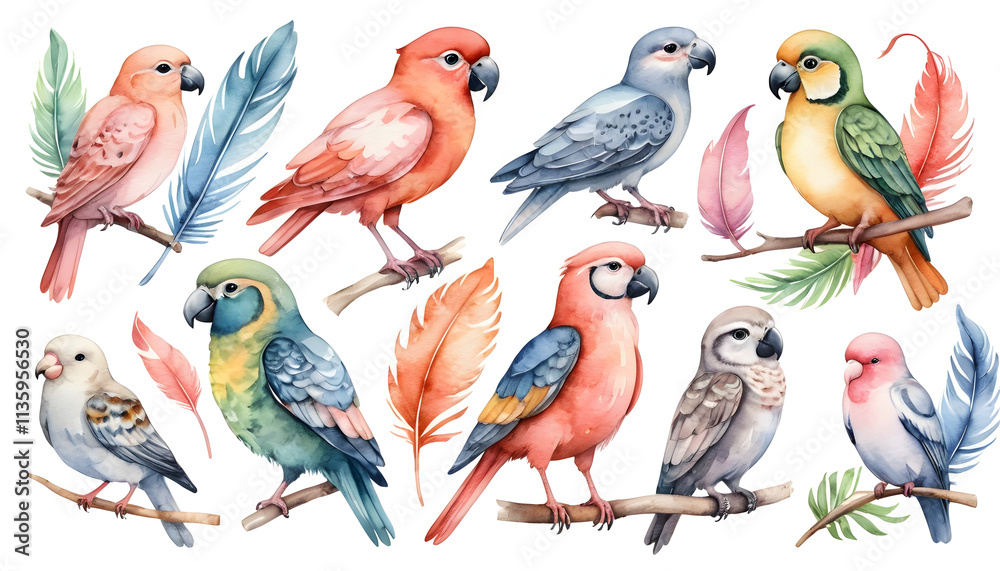 Fototapeta premium Watercolor painting showcases a vibrant collection of parrots, each perched on a branch, displaying a variety of colors and plumage patterns
