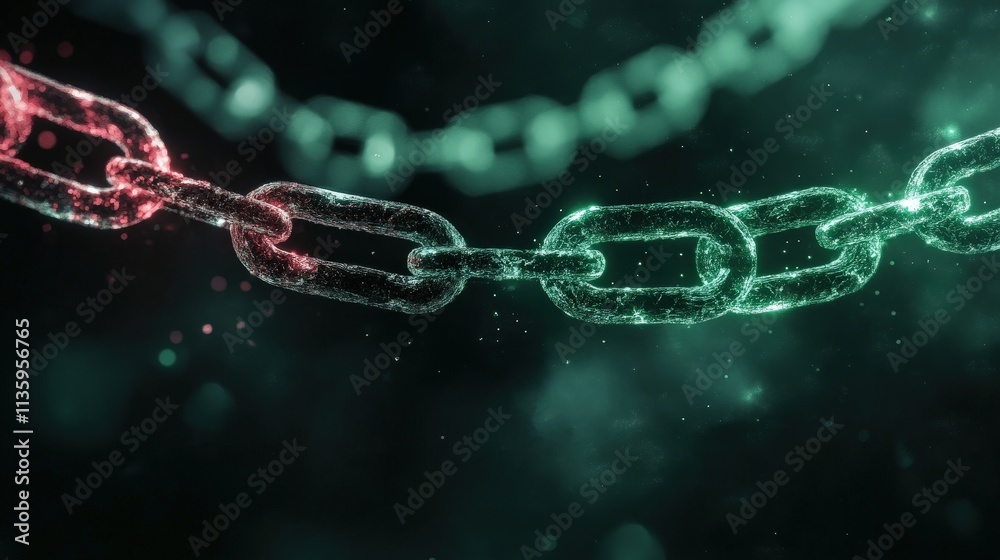 A close-up view of glowing digital chains, symbolizing connection, security, and technology in a futuristic setting. A close-up view of glowing digital chains, symbolizing connection, security, and technology in a futuristic setting.