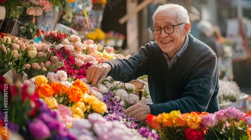 Happy Elder Man Smiling Among Colorful Flowers at Open Market in Bright Daylight
