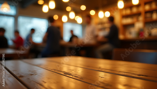 Wallpaper Mural A wooden tabletop in a blur of a busy café is softly illuminated by warm golden lighting._00015_ Torontodigital.ca