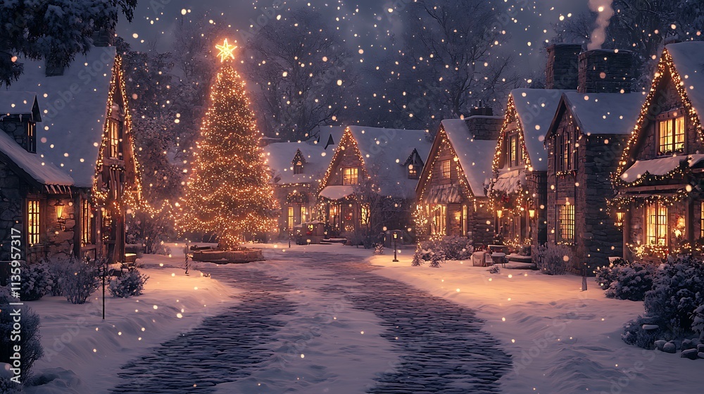 A festive snowy village with a Christmas tree glowing in the square, cozy cottages with frosted windows glowing warmly, snow gently falling, and cobblestone streets reflecting the soft holiday lights, A festive snowy village with a Christmas tree glowing in the square, cozy cottages with frosted windows glowing warmly, snow gently falling, and cobblestone streets reflecting the soft holiday lights,