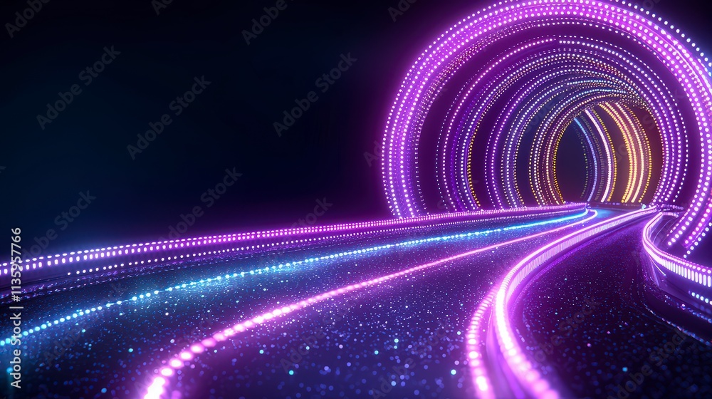 Fototapeta premium Glowing Neon Tunnel Abstract Purple Light Sparkle Path 4K Background