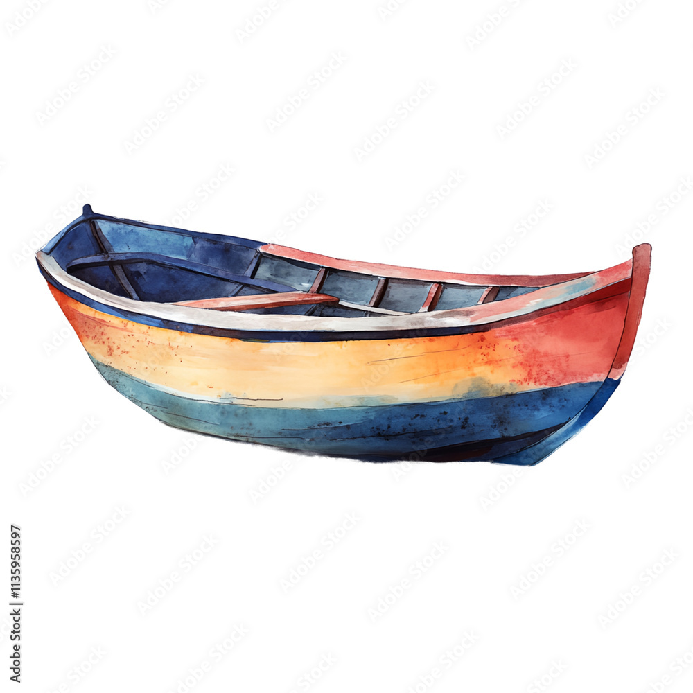 A small boat with a blue, yellow and red stripe A small boat with a blue, yellow and red stripe