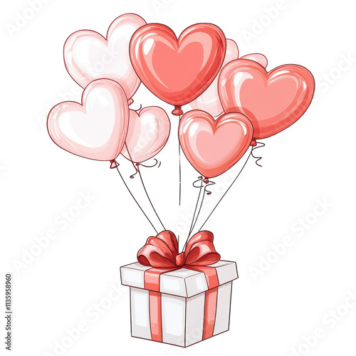 Pink heart shaped balloon with red ribbon and wrapped gift box clipart for valentine's Day concept, Watercolor illustration on transparent background