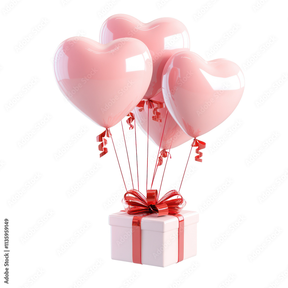 Pink heart shaped balloon with red ribbon and wrapped gift box clipart for valentine's Day concept, 3D illustration on transparent background