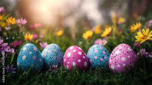 Colorful Easter eggs in spring flowers.