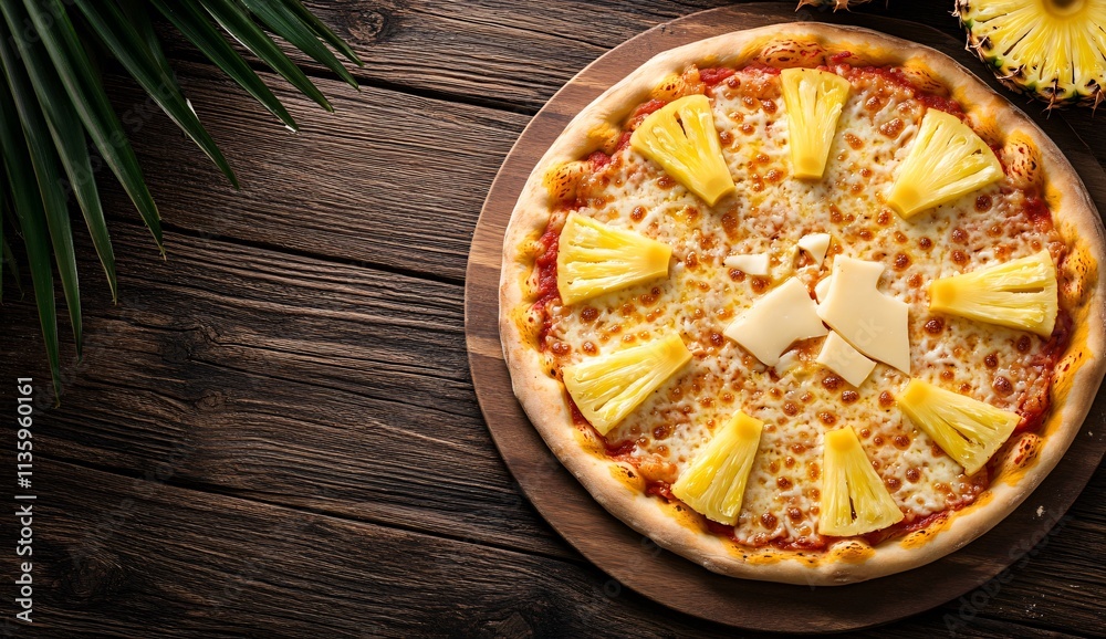 Delicious Hawaiian Pizza on Wooden Table Top View Delicious Hawaiian Pizza on Wooden Table Top View
