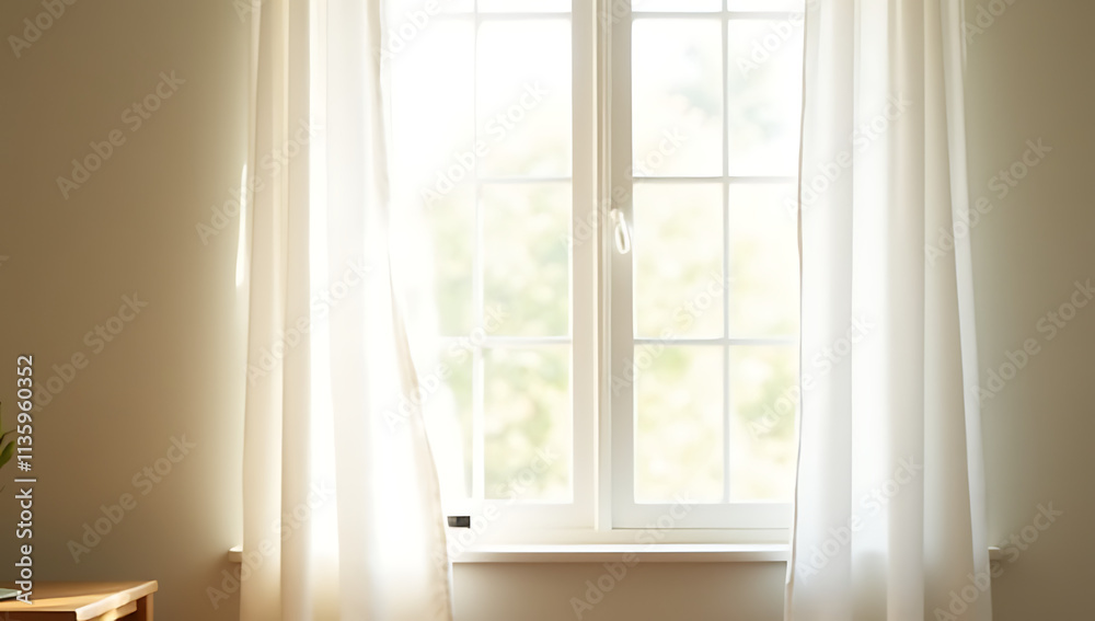A white curtain is set in a sunny window allowing natural light to filter into the room softly._00001_ A white curtain is set in a sunny window allowing natural light to filter into the room softly._00001_