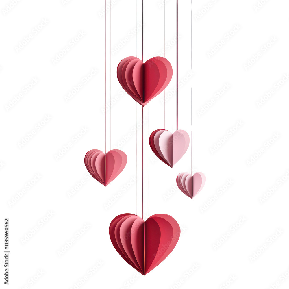 Valentines Day background with paper hearts hanging on strings, red and pink colors on transparent background, 3D illustration Valentines Day background with paper hearts hanging on strings, red and pink colors on transparent background, 3D illustration