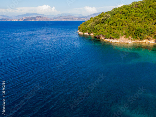 Tranquil blue seascape with lush green coastal forest.