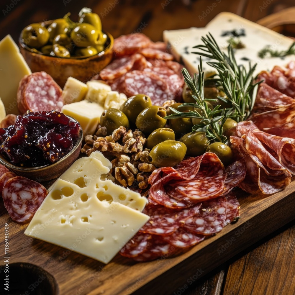 A mouthwatering charcuterie board piled high with cured meats, artisanal cheeses, olives