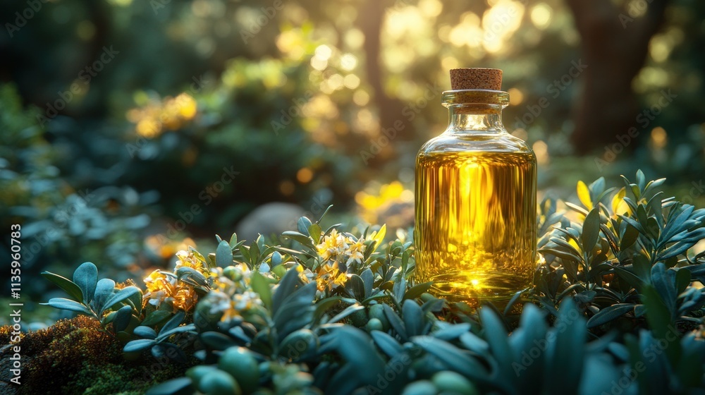 Golden oil in glass bottle amidst lush greenery. Golden oil in glass bottle amidst lush greenery.