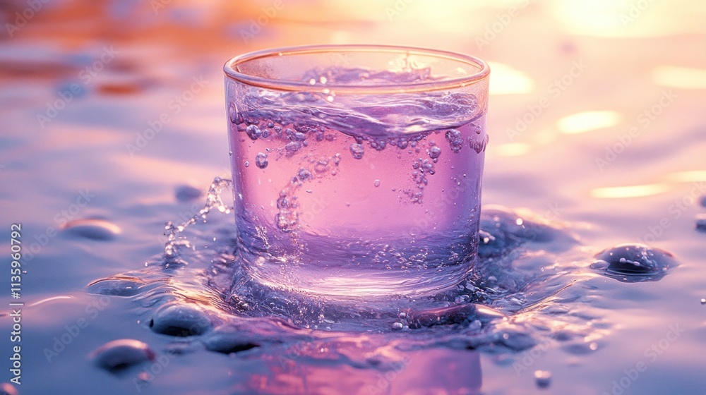 Glass of pink liquid in water at sunset. Glass of pink liquid in water at sunset.