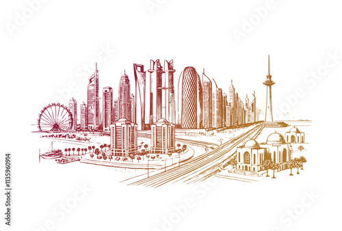 Modern Qatar city background line art concept.