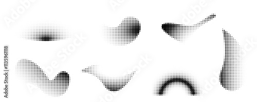 Halftone dotwork abstract noise fluid grain gradient elements. Pointillism gradient pattern in dotwork style. Stipple halftone effect. Dotted set of shapes, stipple elements. Vector background