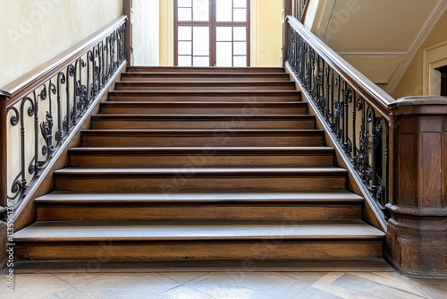 Elegant Wooden Staircase with Ornate Iron Railing in a Brightly Lit Historic Interior, Showcasing Classic Architectural Design and Timeless Beauty