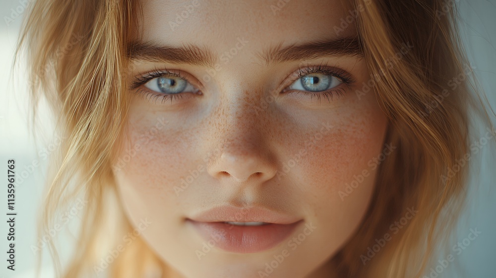 Close-up portrait of a young woman with freckles and bright blue eyes. Natural beauty shines through. Close-up portrait of a young woman with freckles and bright blue eyes. Natural beauty shines through.