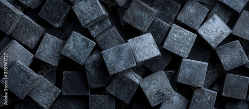 Dark geometric shapes create striking visual pattern, evoking depth and texture