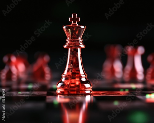 A striking close-up of a red chess king piece, surrounded by blurred pawns, set against a dark backdrop.