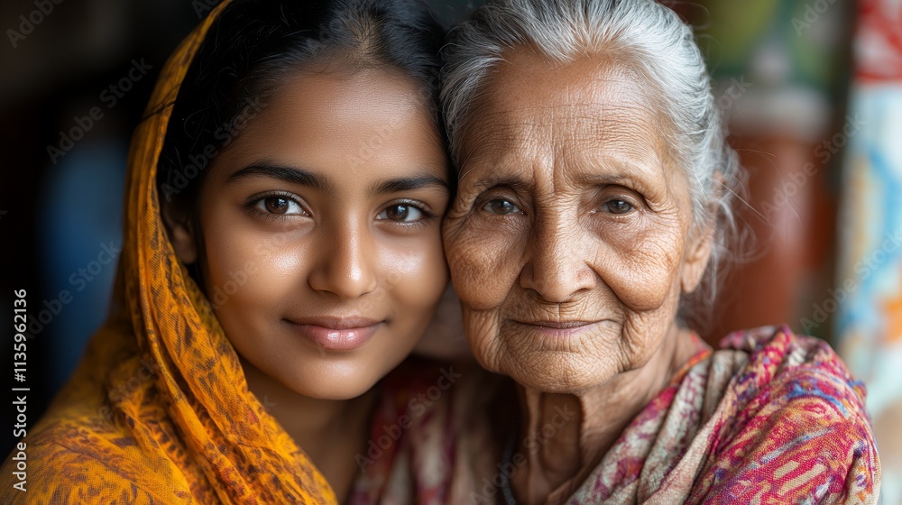 A heartwarming portrait showcasing the bond between an Indian grandmother and her granddaughter. Their closeness and shared smiles capture generational love. A heartwarming portrait showcasing the bond between an Indian grandmother and her granddaughter. Their closeness and shared smiles capture generational love.