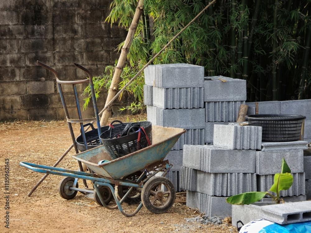 Fototapeta premium Wheelbarrow and Concrete Blocks