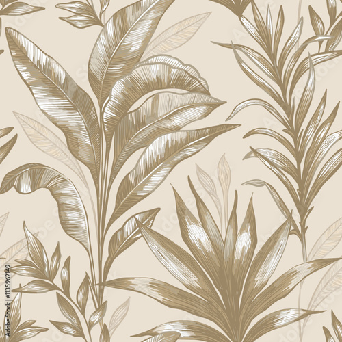 Seamless pattern. Golden palm and tropical leaves on a beige background. 