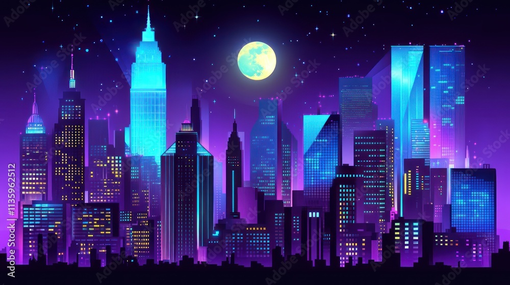 A dark city skyline with tall buildings neon light A dark city skyline with tall buildings neon light
