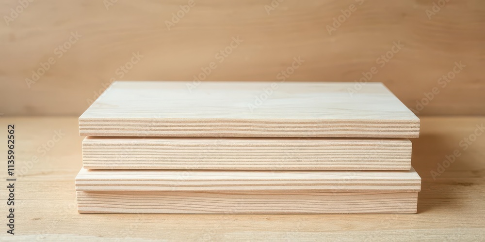 Three light plywood boards stacked on top of each other, plywood, composition Three light plywood boards stacked on top of each other, plywood, composition