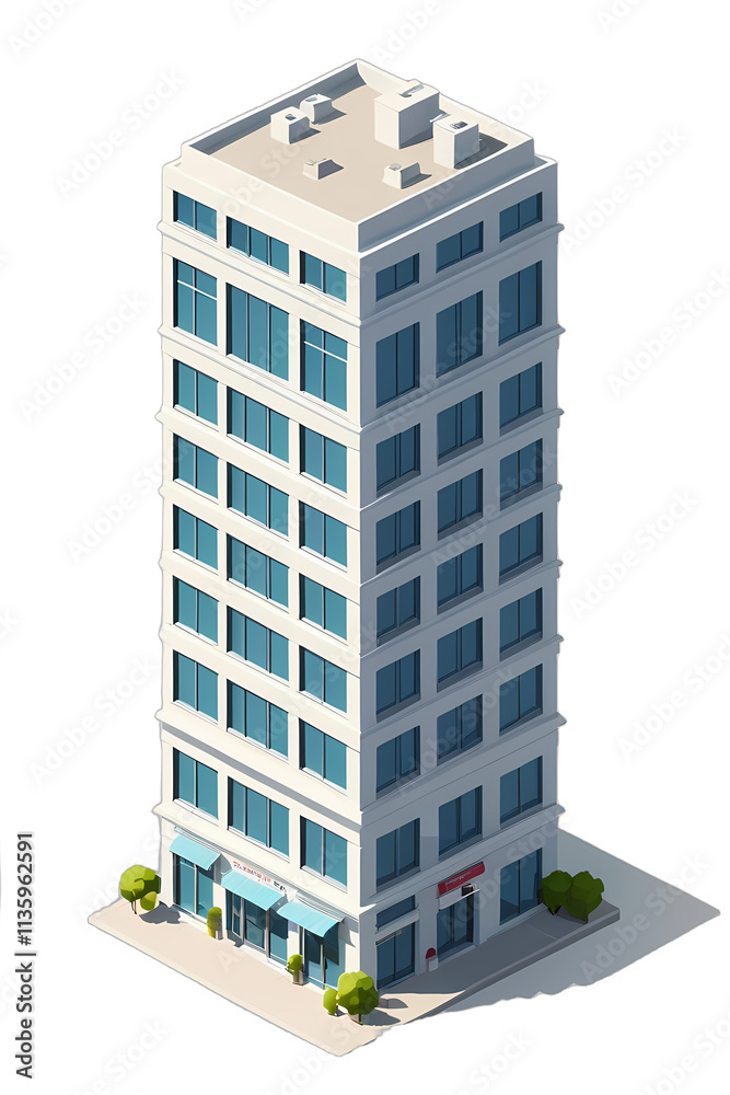 Animated tall building with many windows. trees in front. on a white background. Animated tall building with many windows. trees in front. on a white background.