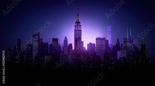 A dark city skyline with tall buildings neon light