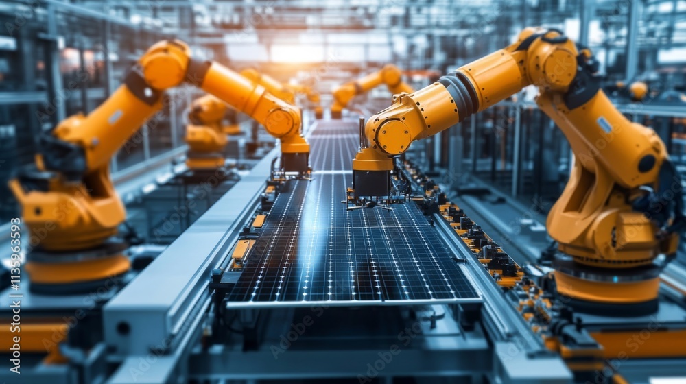 Automated Solar Panel Manufacturing Process: High-Tech Robotic Assembly Line