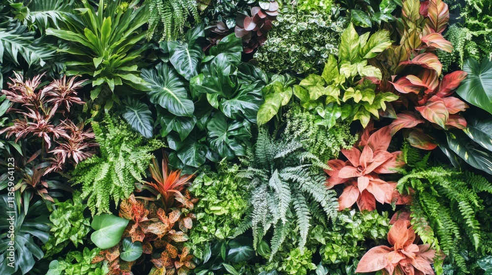 Fototapeta premium A Vibrant Wall of Lush Tropical Plants, A Stunning Display of Nature's Beauty