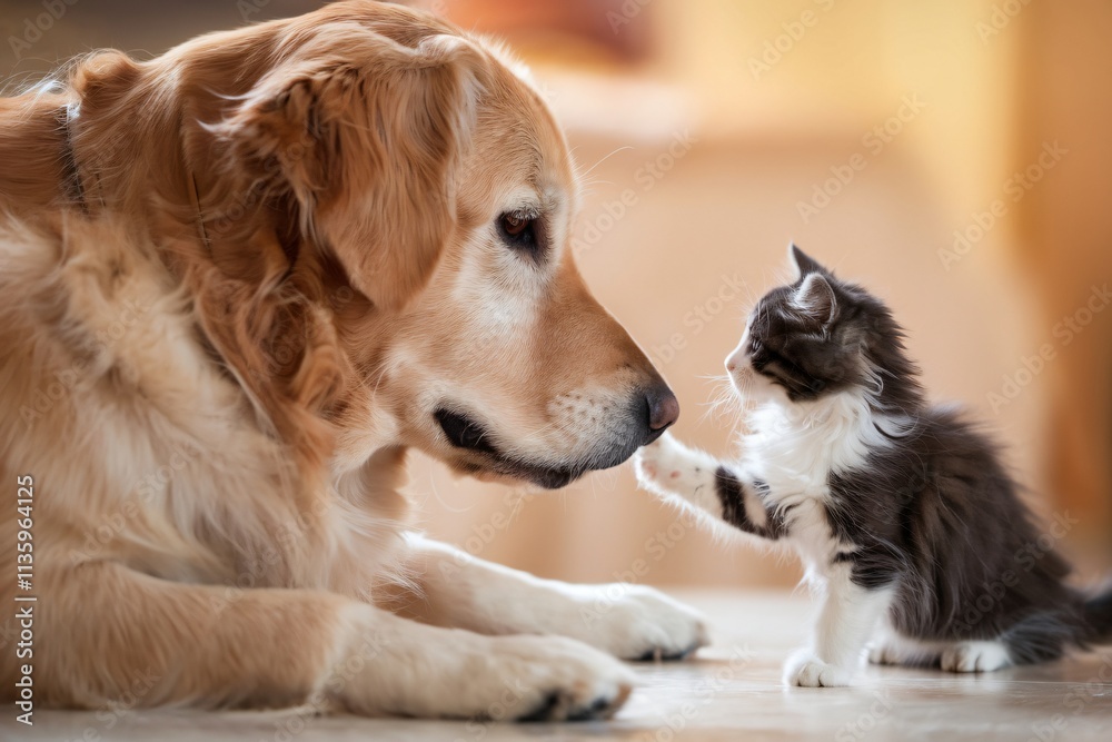 image of a Golden Retriever and a small grey and white kitten interacting gently. image of a Golden Retriever and a small grey and white kitten interacting gently.