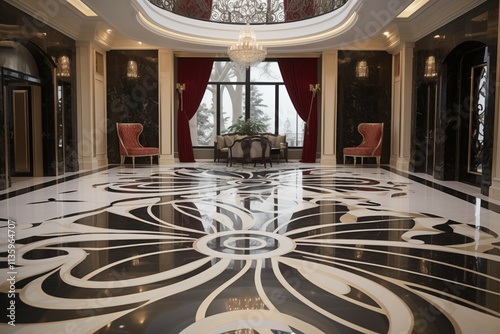 Interior design of a minimalist and spacious luxurious floor featuring premium patterns, modern tiles, and an open hall with minimal furniture, showcasing an elegant and contemporary aesthetic
