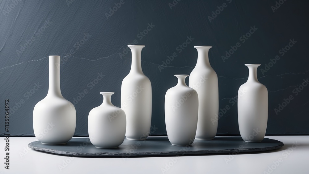 Minimalist arrangement of six white vases on a black circular tray against a textured dark wall, creating a serene, modern atmosphere.
