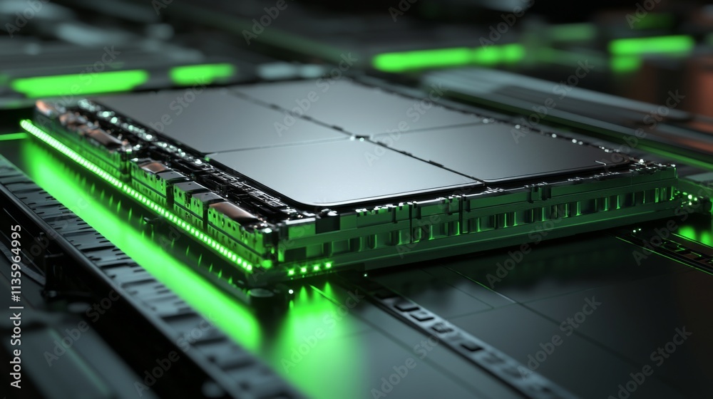 Close-up of a Futuristic, High-Tech Processor Chip with Complex Circuitry and Green Accents. A Technological Marvel of Modern Engineering. Close-up of a Futuristic, High-Tech Processor Chip with Complex Circuitry and Green Accents. A Technological Marvel of Modern Engineering.