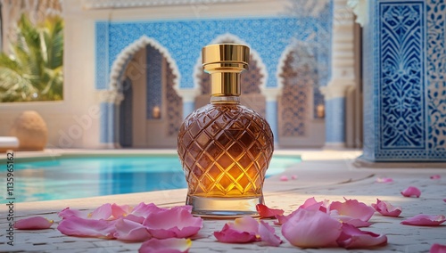 Luxury Perfume Bottle by Poolside, Rose Petals, Moroccan Design