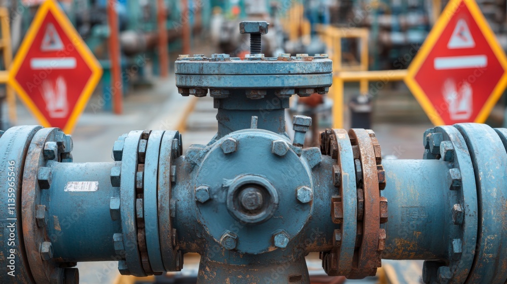 Close-up of a robust industrial valve system, showcasing intricate details and the strength of the components. A complex mechanism for fluid transport in a manufacturing setting. Close-up of a robust industrial valve system, showcasing intricate details and the strength of the components. A complex mechanism for fluid transport in a manufacturing setting.