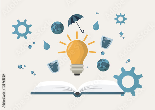 Creative Ideas and Knowledge for Water Solutions. open book with a lightbulb, water drops, gears, and a globe, symbolizing innovative thinking and solutions for water management. Water conservation