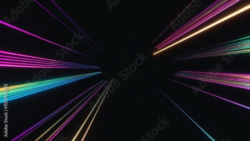 Neon light streaks radiating from a central point, creating a dynamic sense of movement and excitement against a black background.