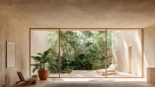 A serene interior space featuring large windows that open to lush garden. natural light enhances earthy tones and minimalist design, creating peaceful atmosphere