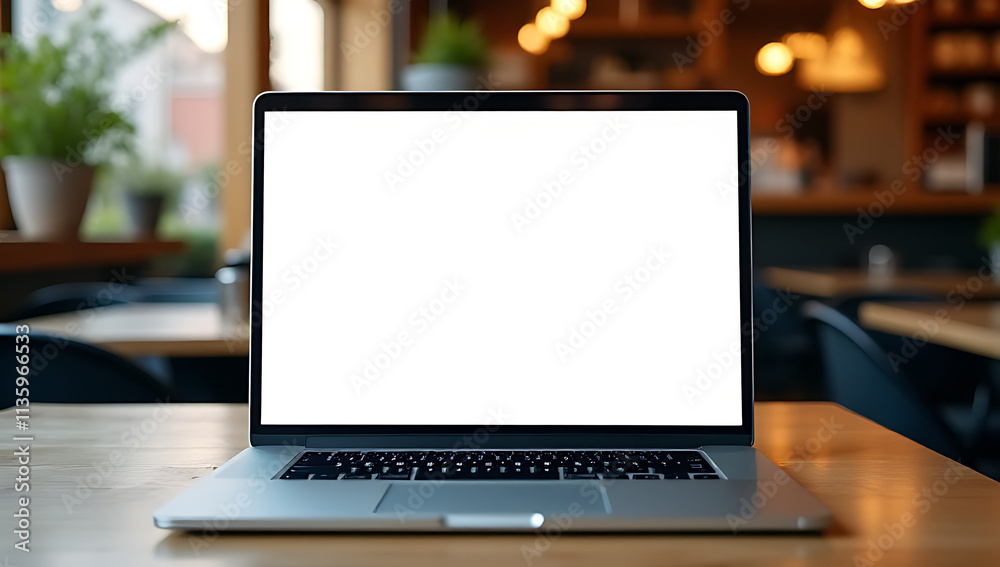 A laptop sits on a café table with a blurred background, its blank screen reflecting the surrounding atmosphere._00021_ A laptop sits on a café table with a blurred background, its blank screen reflecting the surrounding atmosphere._00021_