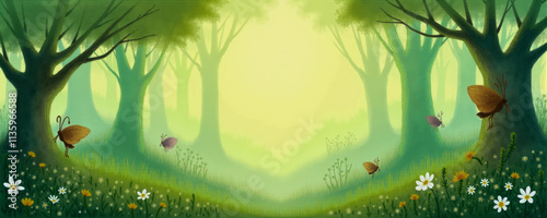Serene forest landscape filled with vibrant butterflies and blooming flowers during a peaceful spring morning
