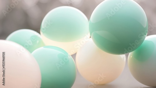 Soft pastel-colored spheres in mint green and cream, arranged artistically to create a modern and minimalist aesthetic, ideal for abstract backgrounds.