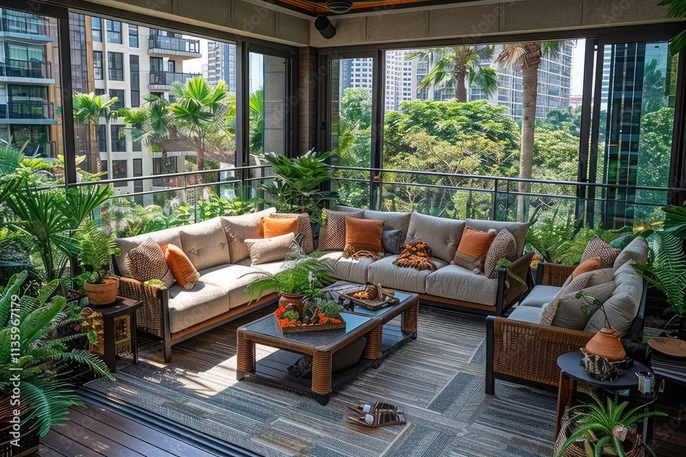 Fototapeta premium Luxurious Outdoor Patio Furniture Surrounded By Lush Greenery