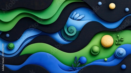 Abstract 3D Papercut Waves  Blue  Green    Dark Background Design