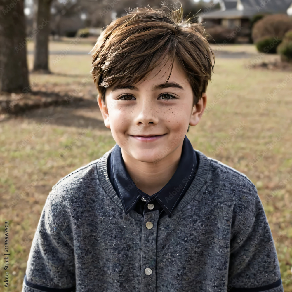 Smiling boy, brown hair, with green park background Smiling boy, brown hair, with green park background