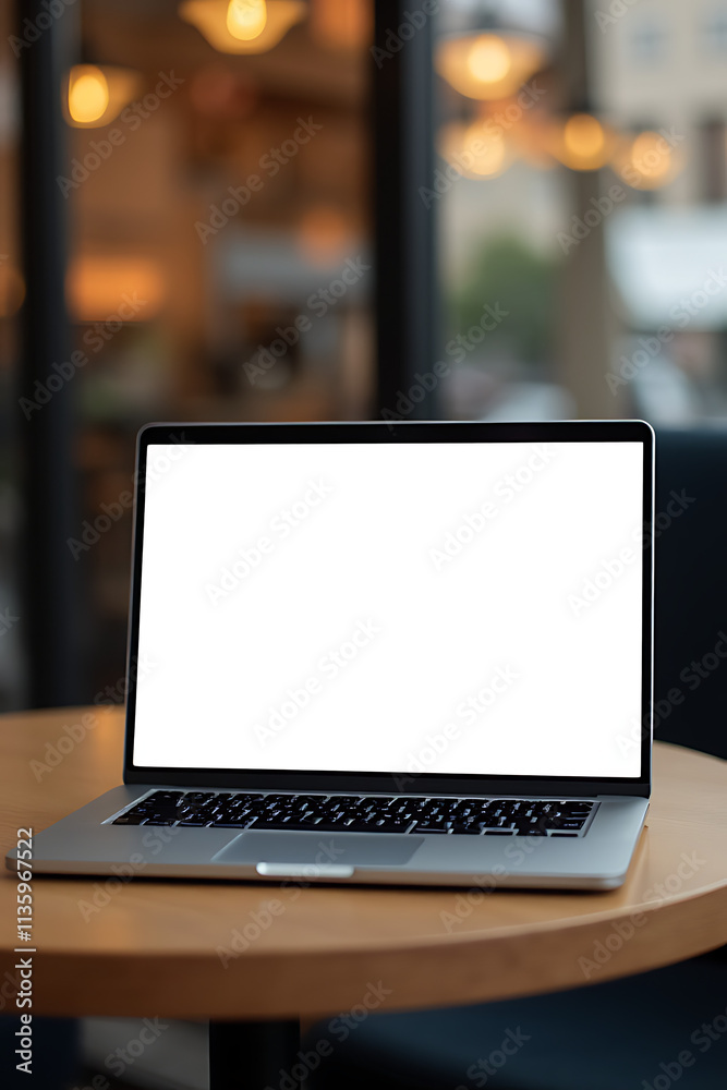 A laptop sits on a café table with a blurred background, its blank screen reflecting the surrounding atmosphere._00011_ A laptop sits on a café table with a blurred background, its blank screen reflecting the surrounding atmosphere._00011_